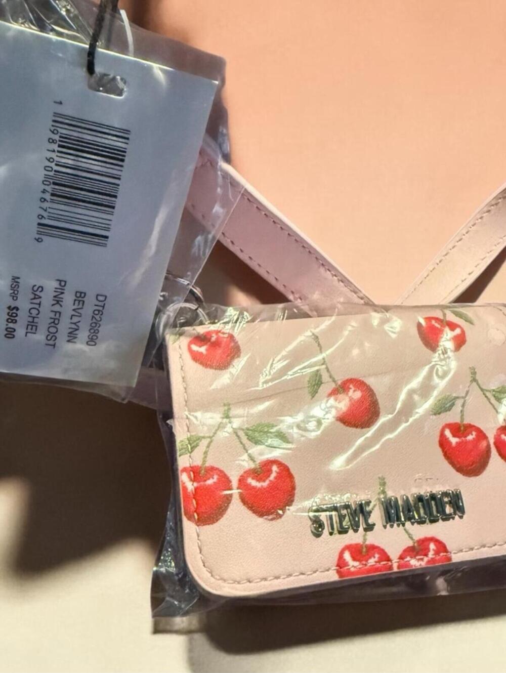 Steve Madden Pink Frost Crossbody Bag with Cherry Scarf and ID Holder - Picture 6 of 6